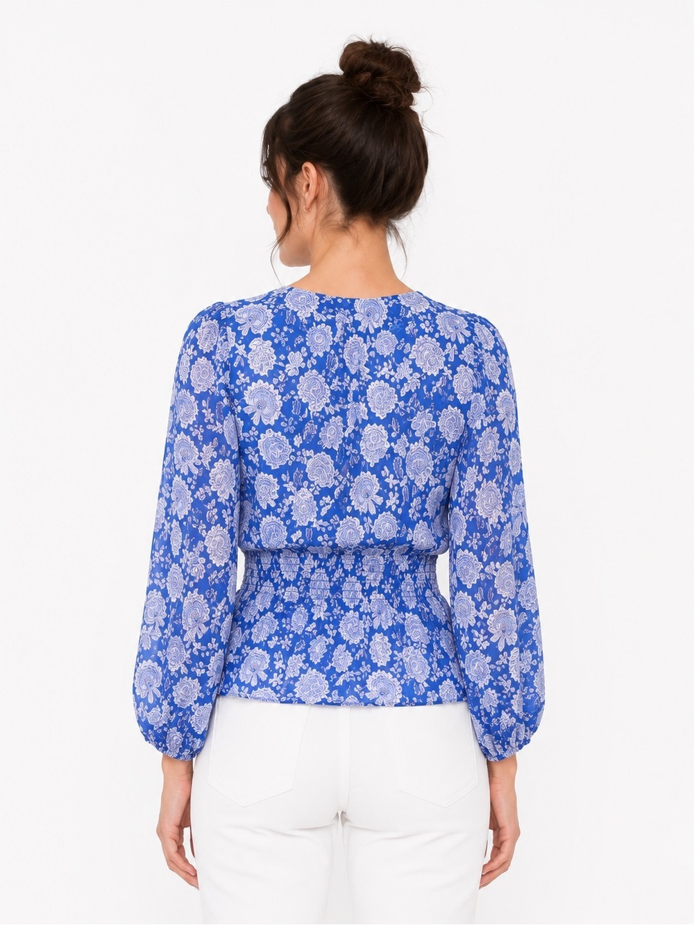 Vince Camuto V-Neck Peplum Top Blue and White Floral Blouse Top Size Small - Picture 3 of 15
